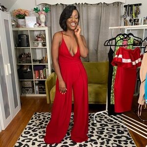Red Spaghetti Strap Tie-Back Jumpsuit